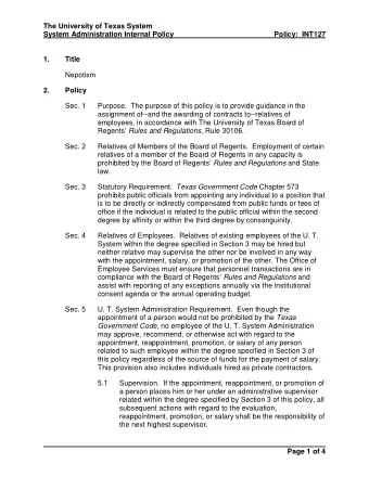 The University of Texas System  System Administration Internal Policy Policy:  INT127  1.  Title