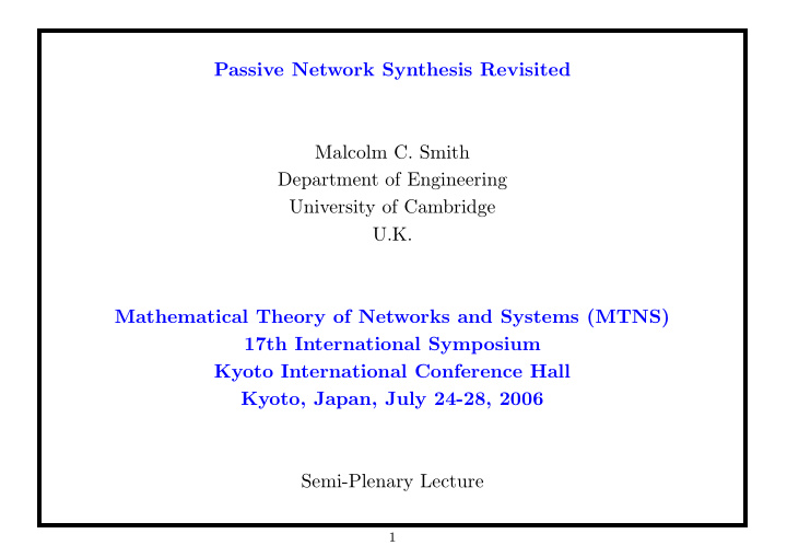 passive network synthesis revisited malcolm c smith