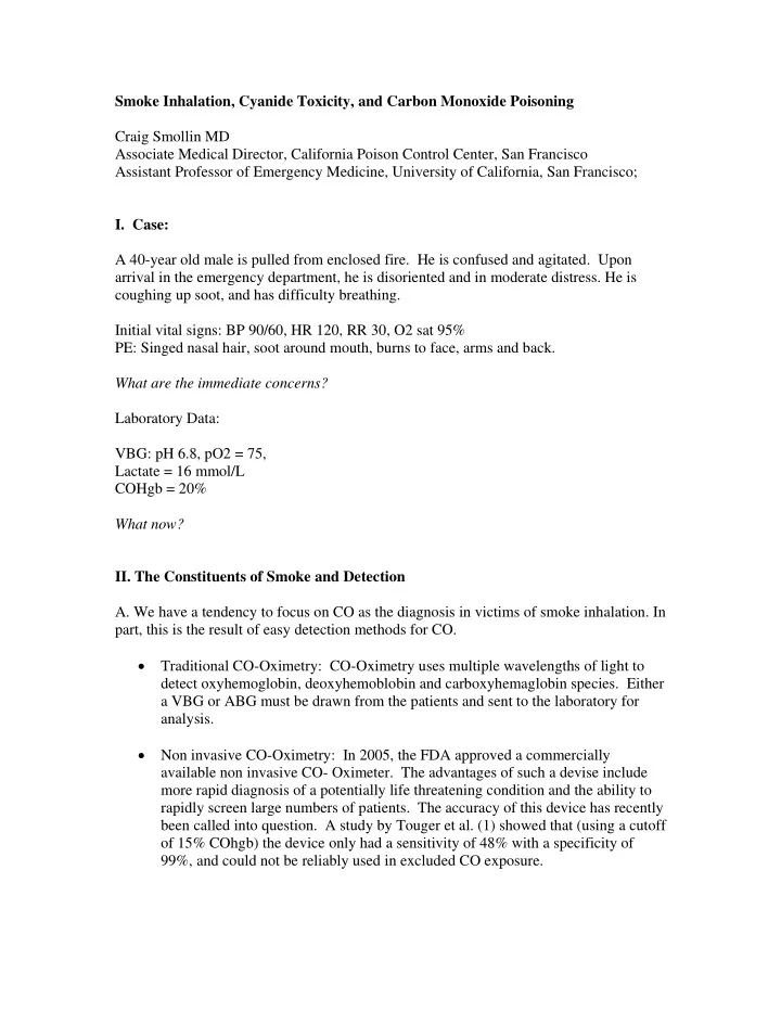 smoke inhalation cyanide toxicity and carbon monoxide