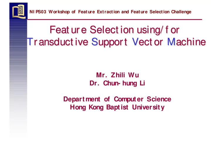 feat ure select ion using f or feat ure select ion using