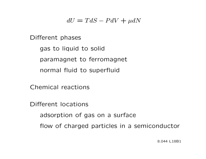 du t ds p dv dn different phases gas to liquid to solid