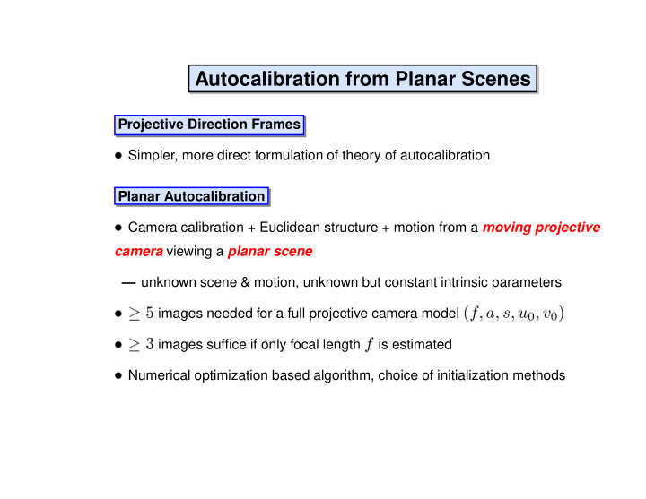 autocalibration from planar scenes