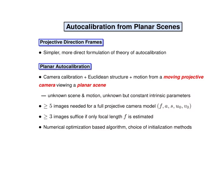 autocalibration from planar scenes