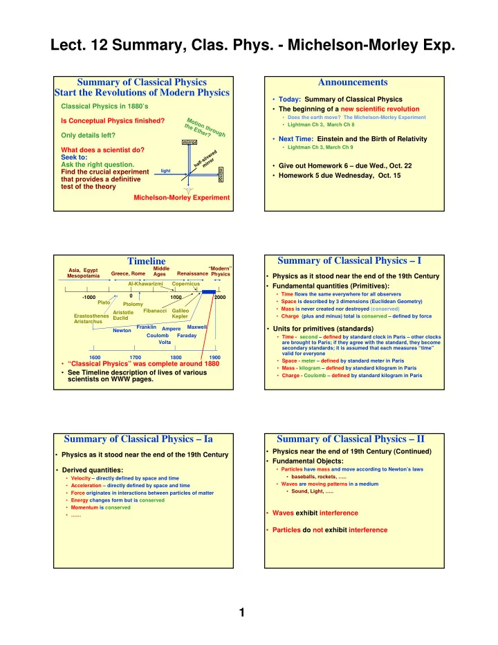 lect 12 summary clas phys michelson morley exp