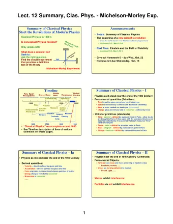 Lect. 12 Summary, Clas. Phys. - Michelson-Morley Exp.  Summary of Classical Physics  Announcements