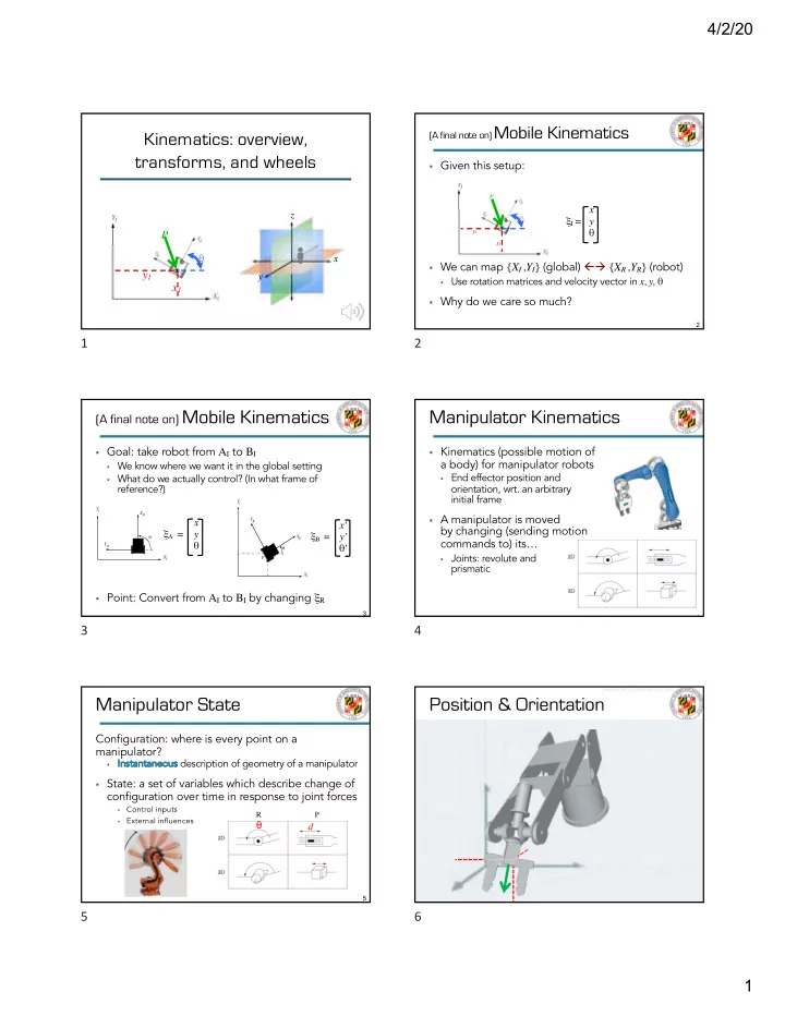 a final note on mobile kinematics manipulator kinematics