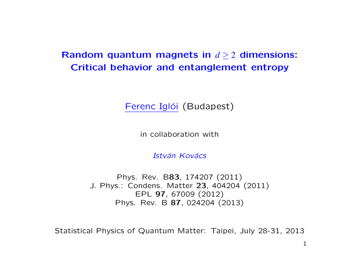 random quantum magnets in d 2 dimensions critical