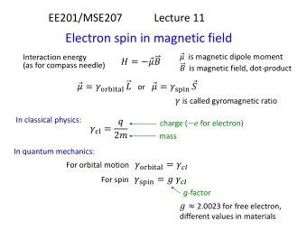 Electron spin in magnetic field  is magnetic dipole moment  Interaction energy   =