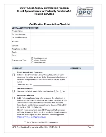 ODOT Local Agency Certification Program  Direct Appointments for Federally Funded A&amp;E  Related