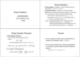 Prime Numbers  Prime Numbers  Prime number : an integer p&gt;1 that is divisible only by 1  and