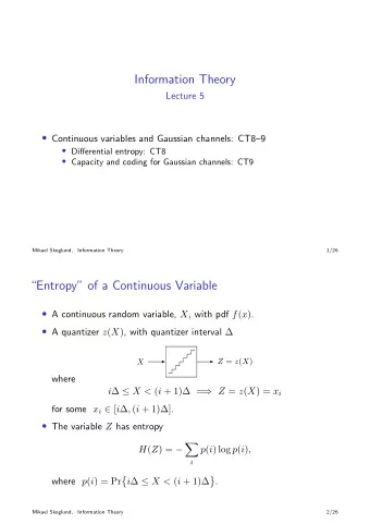 Information Theory  Lecture 5  Continuous variables and Gaussian channels: CT89