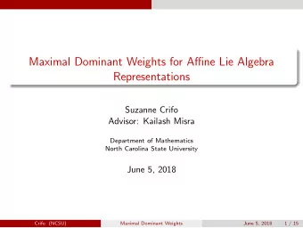 Maximal Dominant Weights for Affine Lie Algebra  Representations  Suzanne Crifo  Advisor: Kailash