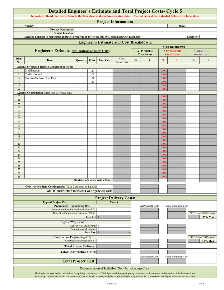 detailed engineer s estimate and total project costs