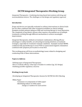 ISCTM Integrated Therapeutics Working Group  Integrated Therapeutics : Combining learning-based