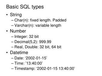 Basic SQL types   String   Char(n): fixed length. Padded   Varchar(n): variable length