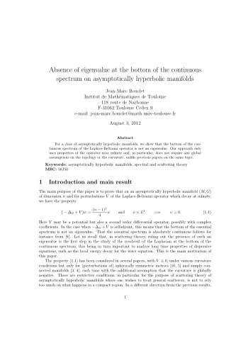 Absence of eigenvalue at the bottom of the continuous  spectrum on asymptotically hyperbolic