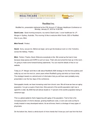 ResMed Inc.  ResMed Inc. presentation delivered at the 37th Annual J.P. Morgan Healthcare