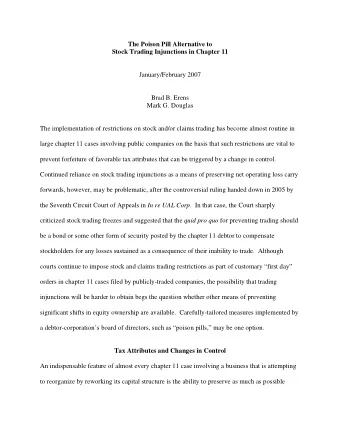 The Poison Pill Alternative to  Stock Trading Injunctions in Chapter 11  January/February 2007