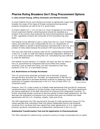 Pharma Ruling Broadens Gov't Drug Procurement Options By Amy Conant Hoang, Jeffrey Orenstein and