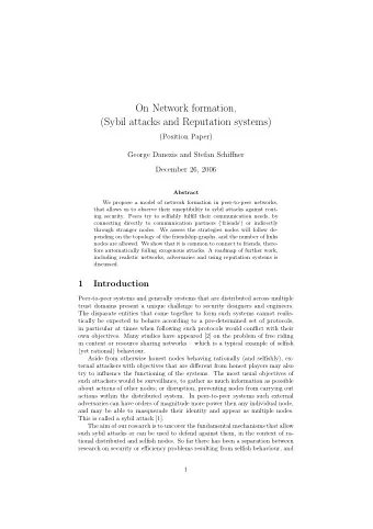 On Network formation,  (Sybil attacks and Reputation systems)  (Position Paper)  George Danezis and
