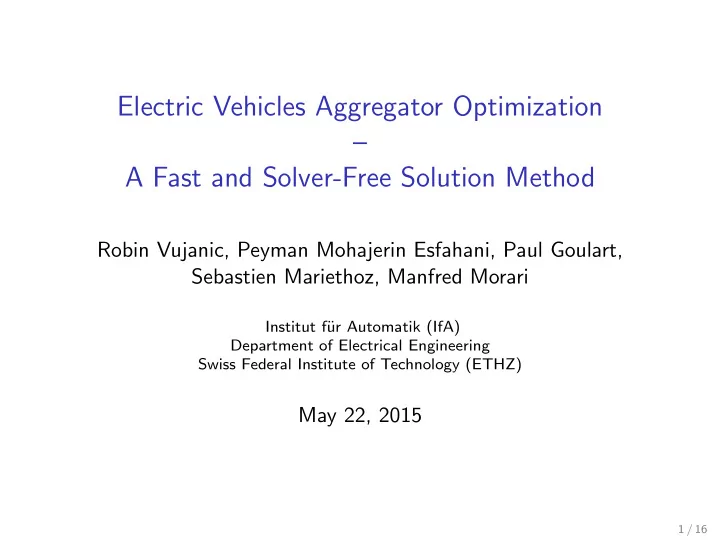 electric vehicles aggregator optimization a fast and