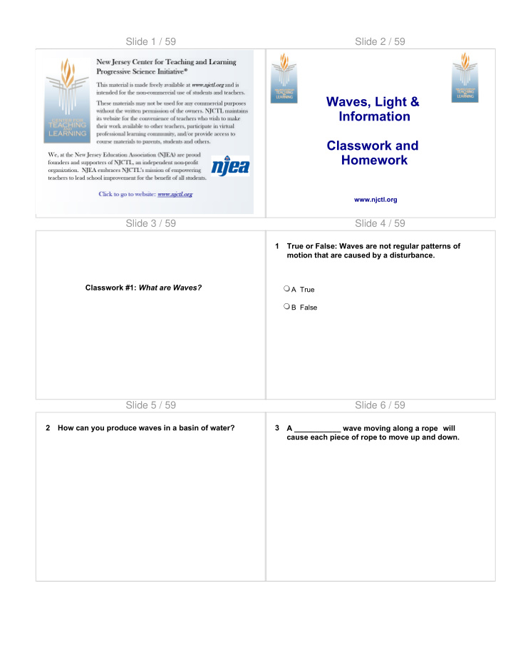 waves light information classwork and homework