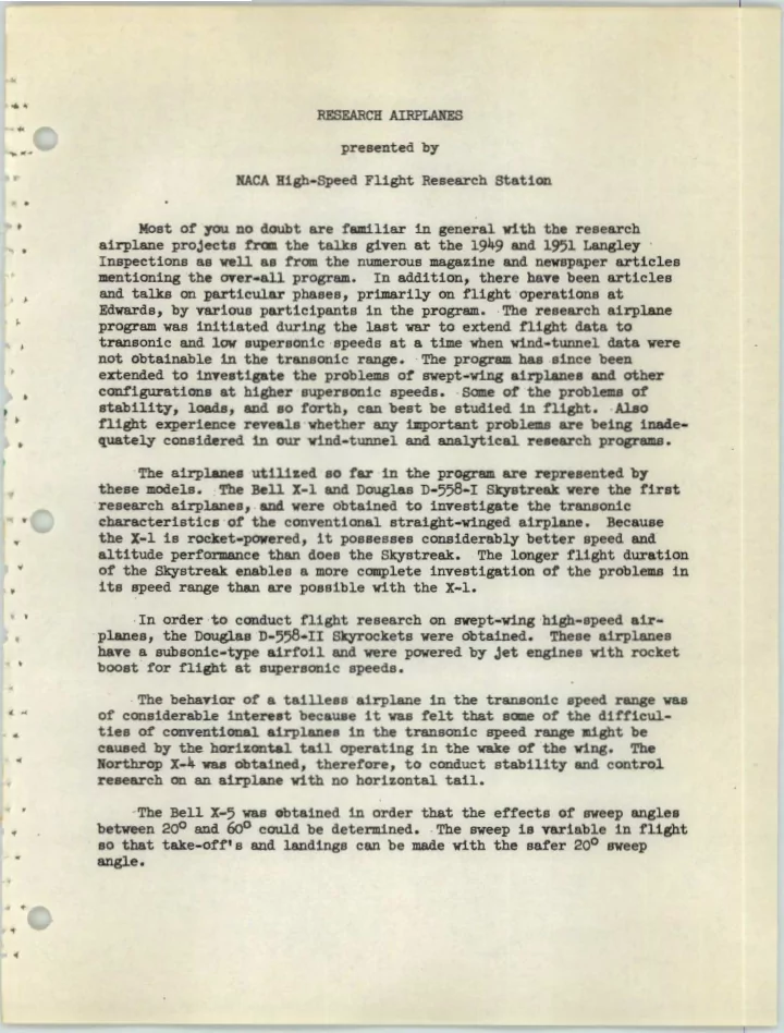 research airplanes presented by naca high speed flight