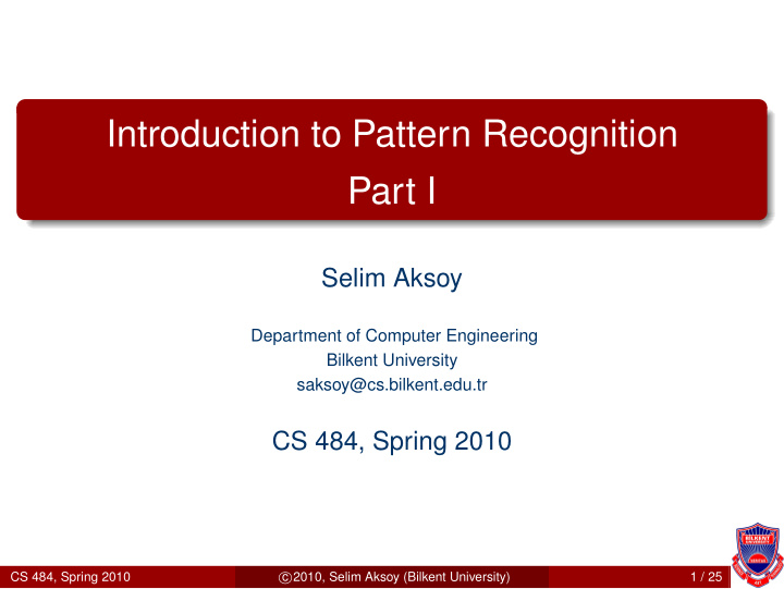 introduction to pattern recognition part i