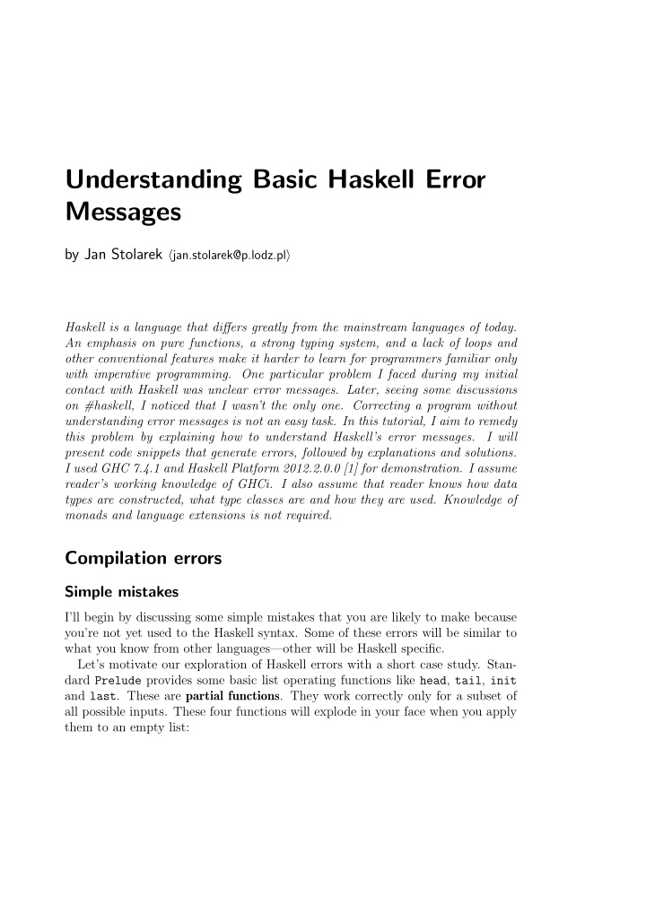 understanding basic haskell error messages