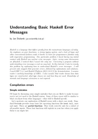 Understanding Basic Haskell Error  Messages by Jan Stolarek  jan.stolarek@p.lodz.pl   Haskell