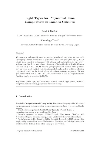 Light Types for Polynomial Time  Computation in Lambda Calculus Patrick Baillot 1  LIPN - UMR 7030