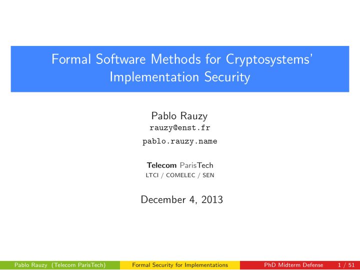formal software methods for cryptosystems implementation