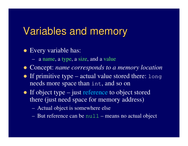 variables and memory variables and memory