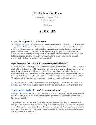 US:IT CIO Open Forum Wednesday, October 28, 2020 3:30 - 4:30 p.m. Via Zoom SUMMARY Coronavirus