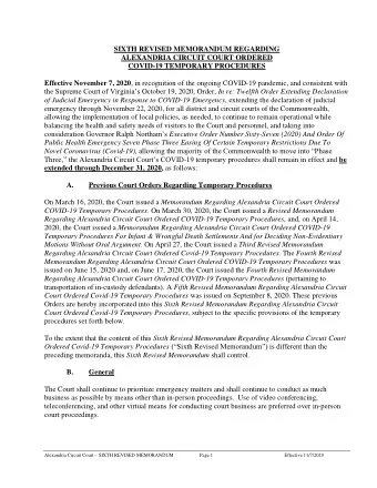 SIXTH REVISED MEMORANDUM REGARDING  ALEXANDRIA CIRCUIT COURT ORDERED  COVID-19 TEMPORARY PROCEDURES