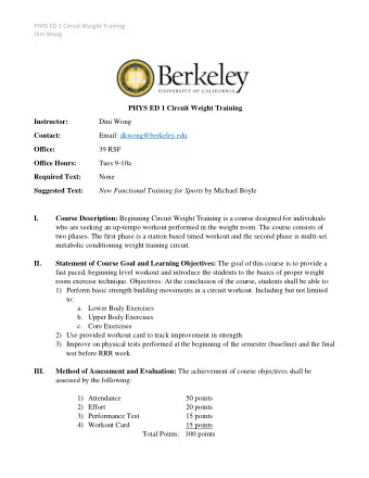 PHYS ED 1 Circuit Weight Training Instructor:  Dini Wong Contact:  Email: dkwong@berkeley.edu