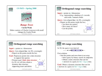 Orthogonal range searching Input: n points in d dimensions  E.g., representing a database of n
