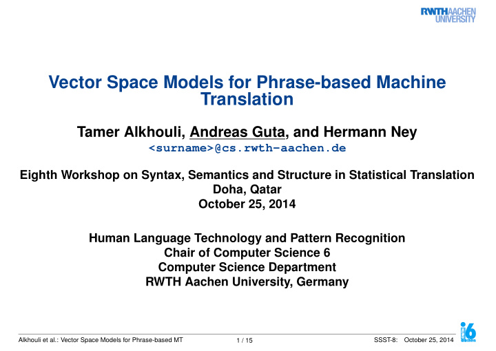 vector space models for phrase based machine translation