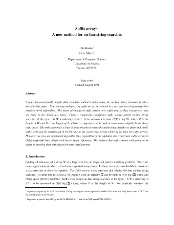 Suffix arrays:  A new method for on-line string searches Udi Manber 1 Gene Myers 2  Department of