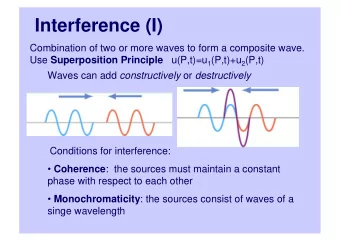 Interference (I)  Combination of two or more waves to form a composite wave. Use Superposition
