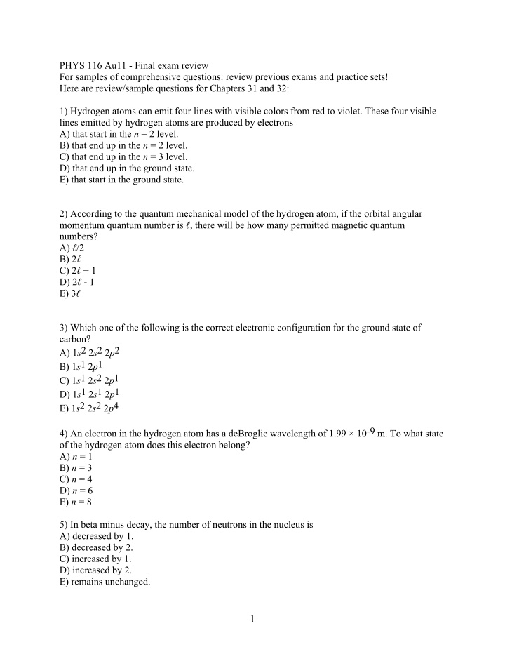 phys 116 au11 final exam review for samples of