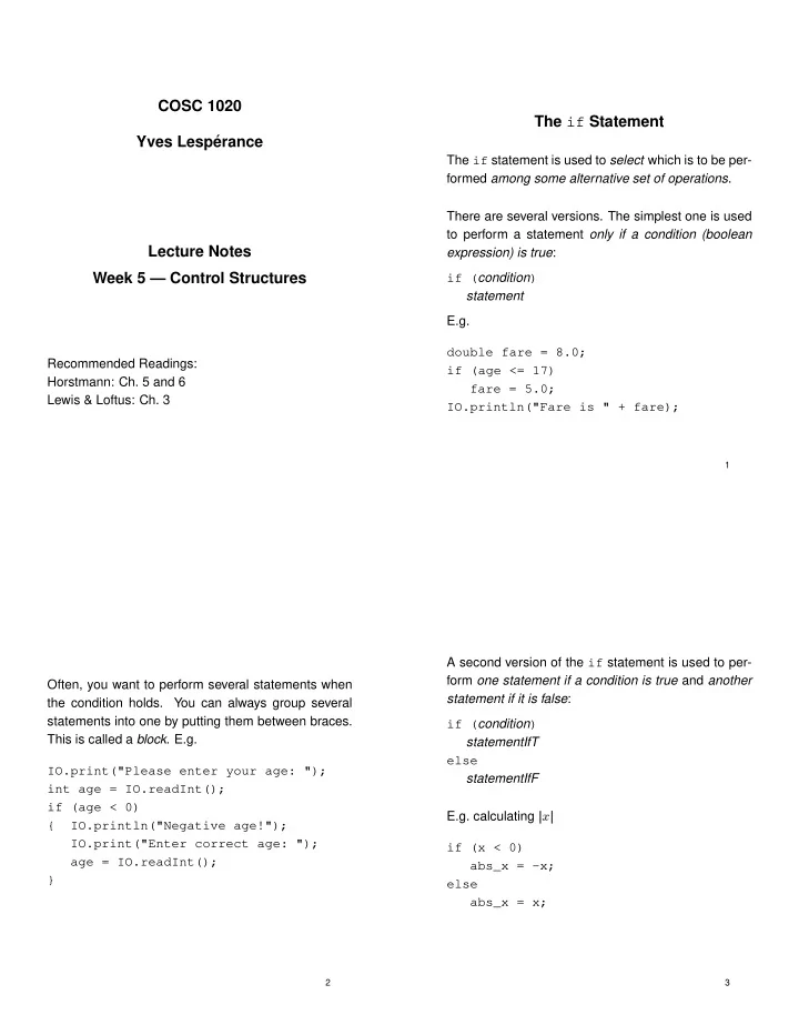 cosc 1020 the if statement yves lesp erance