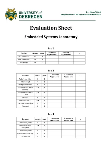 Evaluation Sheet  Embedded Systems Laboratory  Lab 1  1. students  2. student s  Exercises
