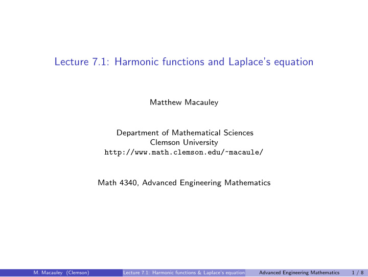 lecture 7 1 harmonic functions and laplace s equation