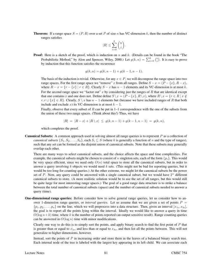 theorem if a range space s p r over a set p of size n has