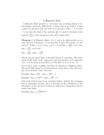 LH  opitals Rule  LH  opitals Rule provides a convenient way of finding limits of