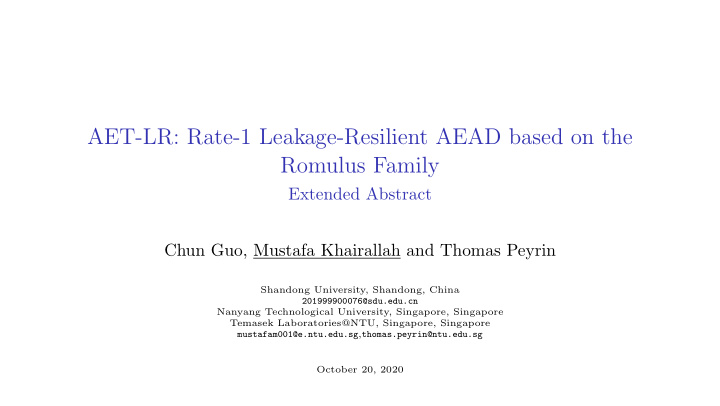 aet lr rate 1 leakage resilient aead based on the romulus