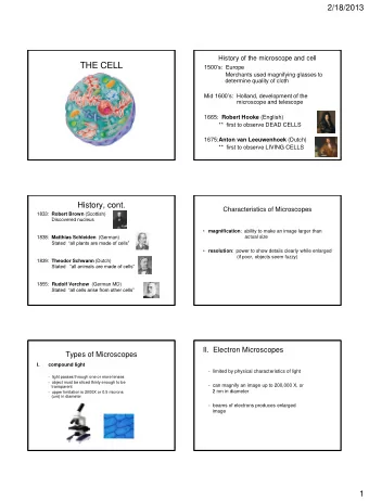THE CELL 1500s:  Europe  Merchants used magnifying glasses to  determine quality of cloth Mid