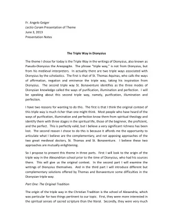 Fr. Angelo Geiger Lectio Coram Presentation of Theme  June 3, 2013  Presentation Notes  The Triple
