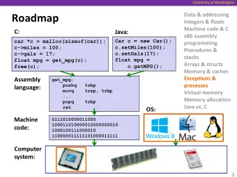 Roadmap  Integers &amp; floats  Machine code &amp; C  C:  Java:  x86 assembly  Car c = new Car();
